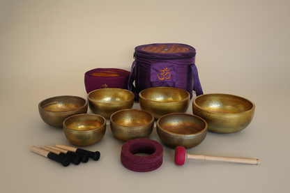 Hand-Hammered Wide-Rim Bronze Singing Bowl Set (7 PCs)