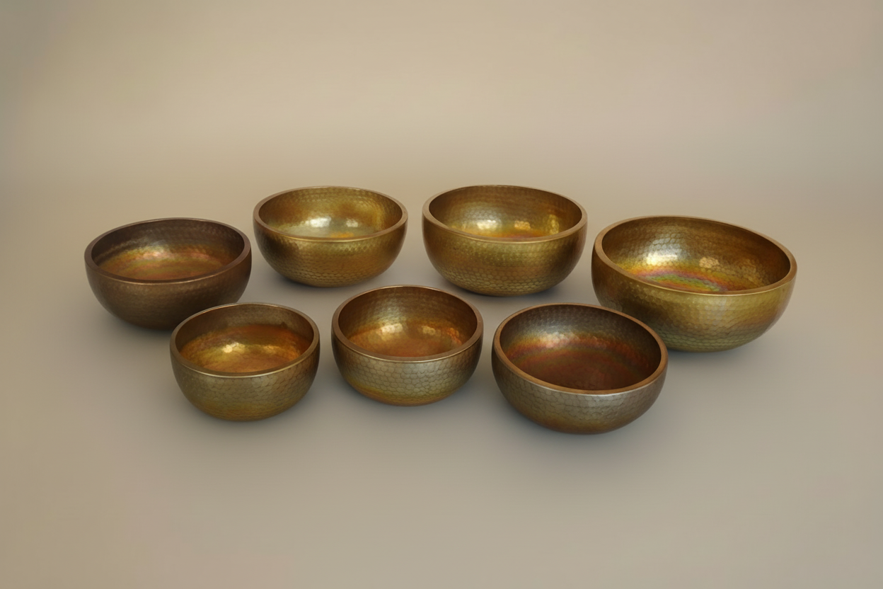 Hand-Hammered Wide-Rim Bronze Singing Bowl Set (7 PCs)